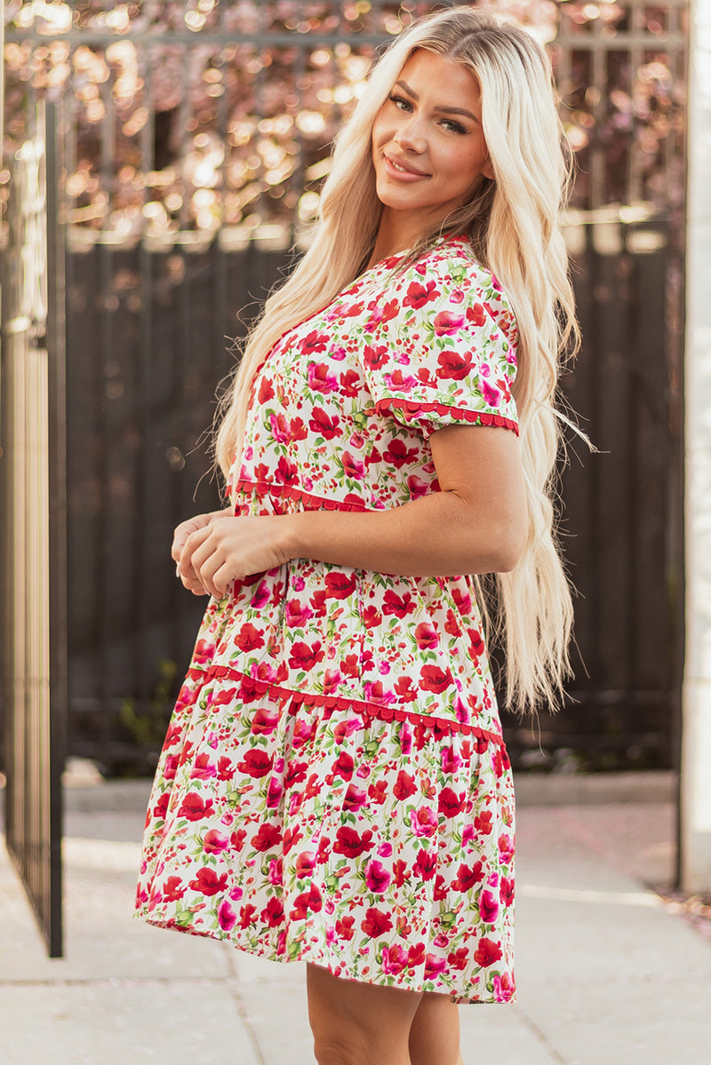 Floral Puff Sleeve Tiered Ric Rac Pocketed Mini Dress