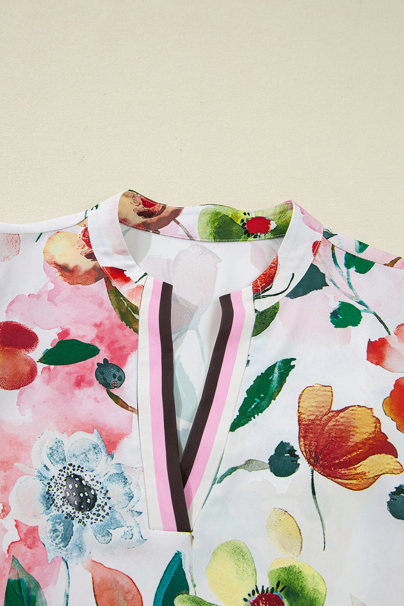 Floral Contrast Striped V Neck Puff Half Sleeve Shift Dress