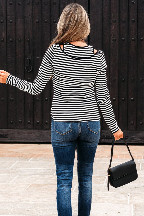 Stripe Double-layer Cold Shoulder Long Sleeve Top