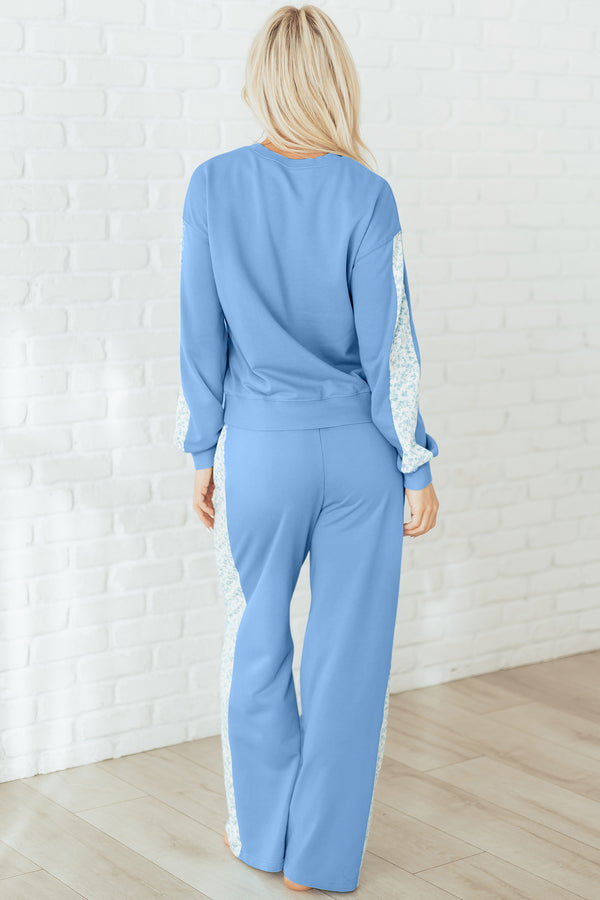 Blue Floral Patchwork Drop Shoulder Pullover and Sweatpants Lounge Set