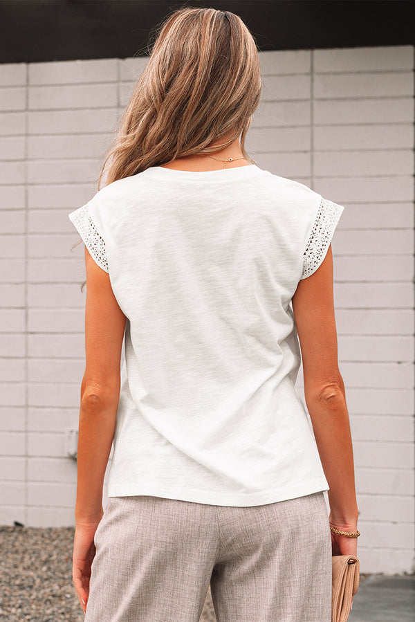 Lace Patchwork Cap Sleeve Round Neck T Shirt