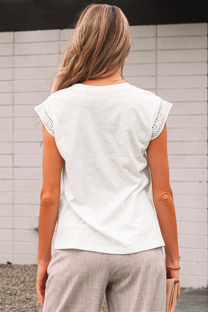 Lace Patchwork Cap Sleeve Round Neck T Shirt