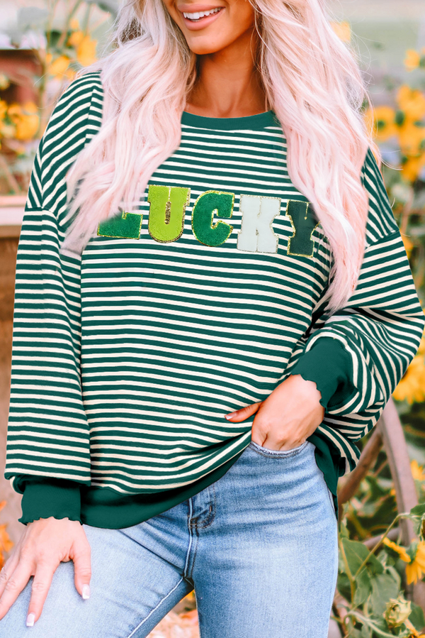 Stripe Chenille LUCKY Patched Pattern St Patrick Long Sleeve Top