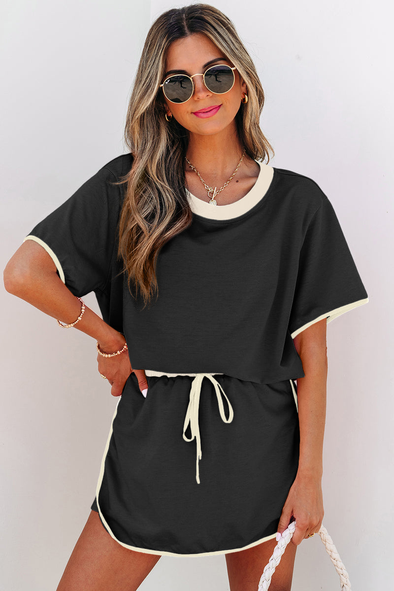 Colorblock Edge Drop Shoulder T Shirt and Skort 2Pcs Set