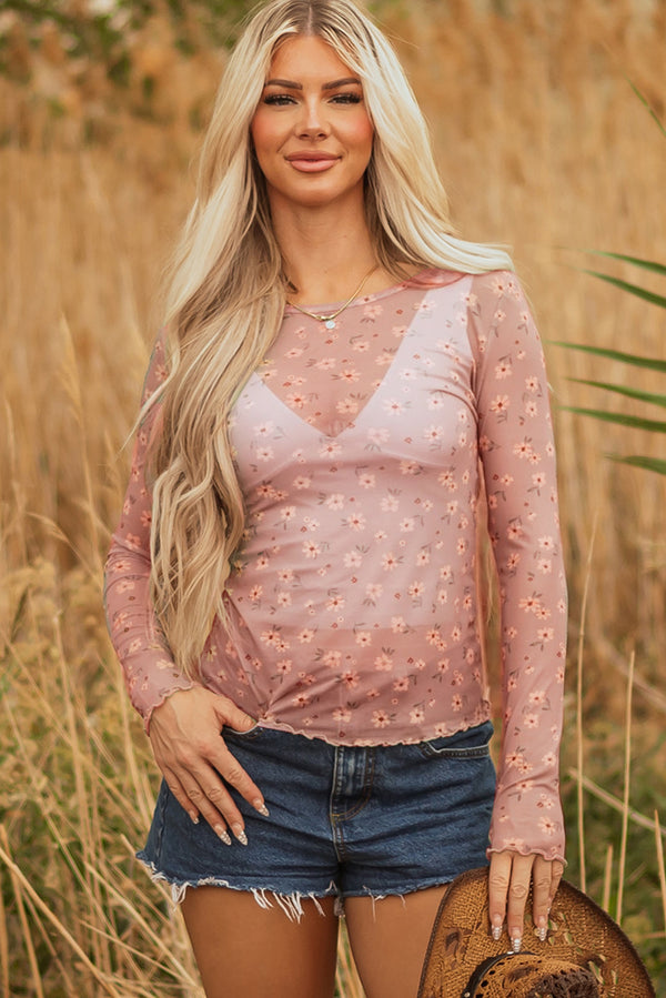 Vintage Floral Print Southern Style Mesh Long Sleeve Top