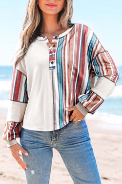 Striped Waffle Patchwork Exposed Seam Raw Edge Casual Knit Top