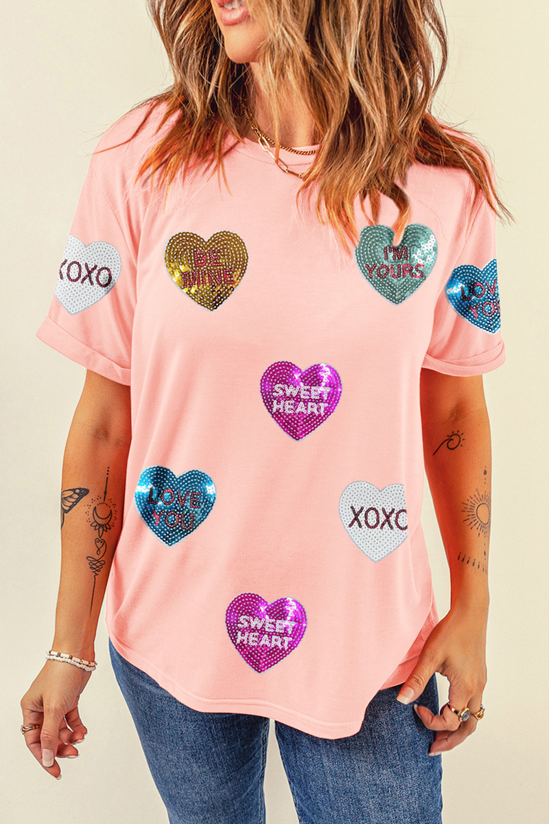 Sequin Valentines Lettering Heart Patched Crewneck T Shirt