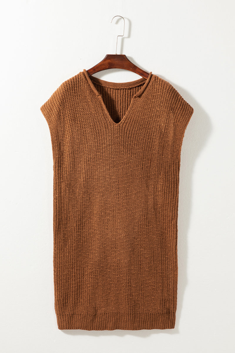 Brown Solid Color Short Sleeve Notched V Neck Sweater Dress