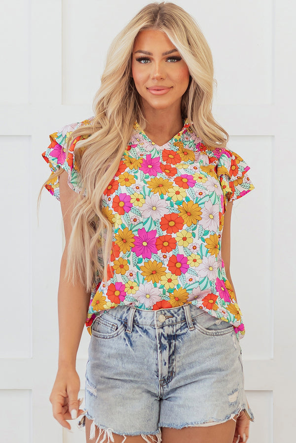 Floral Print Shirred Tiered Ruffled Sleeve Blouse