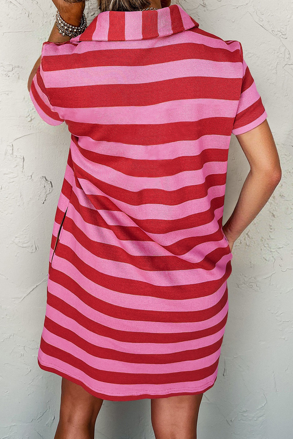 Stripe Textured Knit Collared V Neck Shift T Shirt Dress