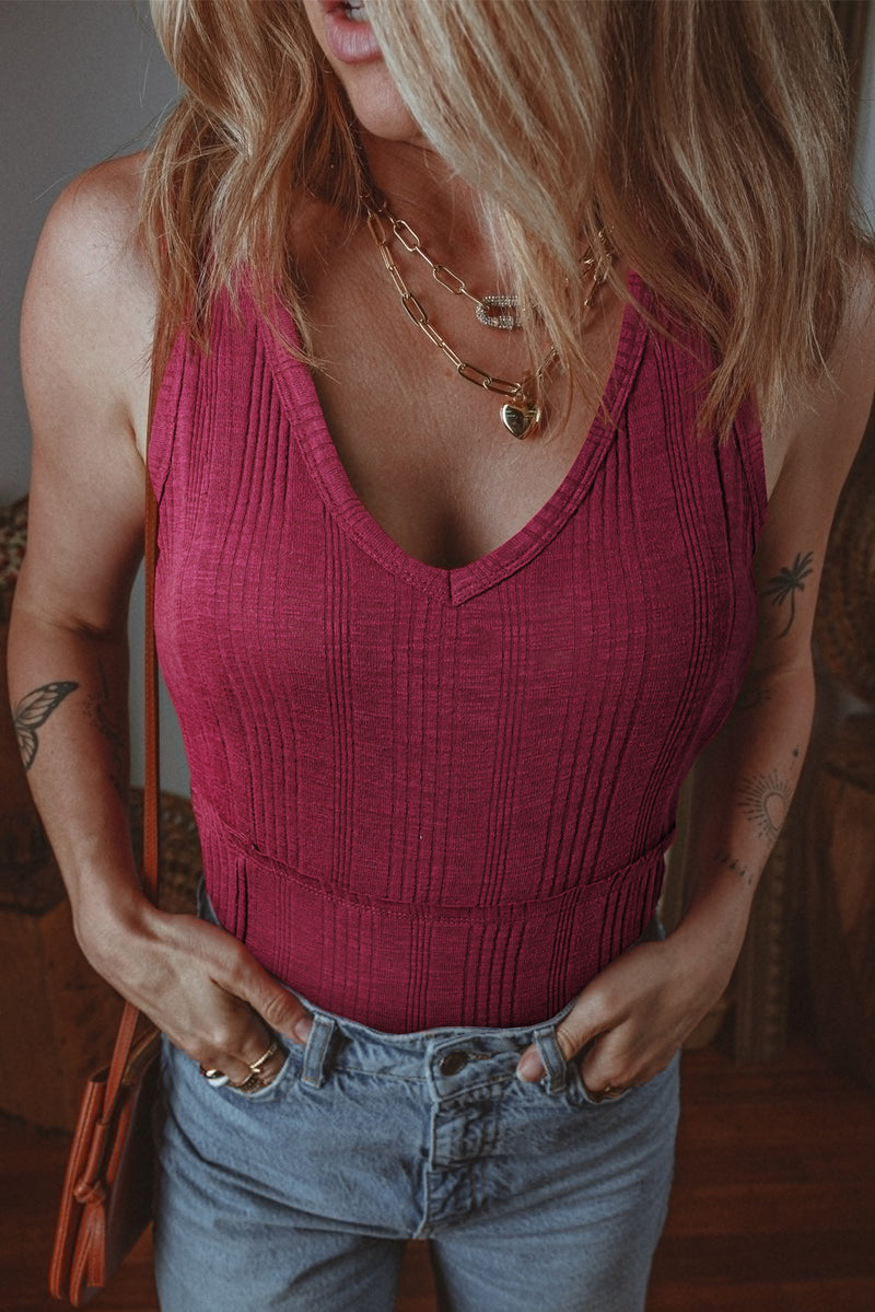 Ribbed Textured Exposed Stitching Knit Tank Top