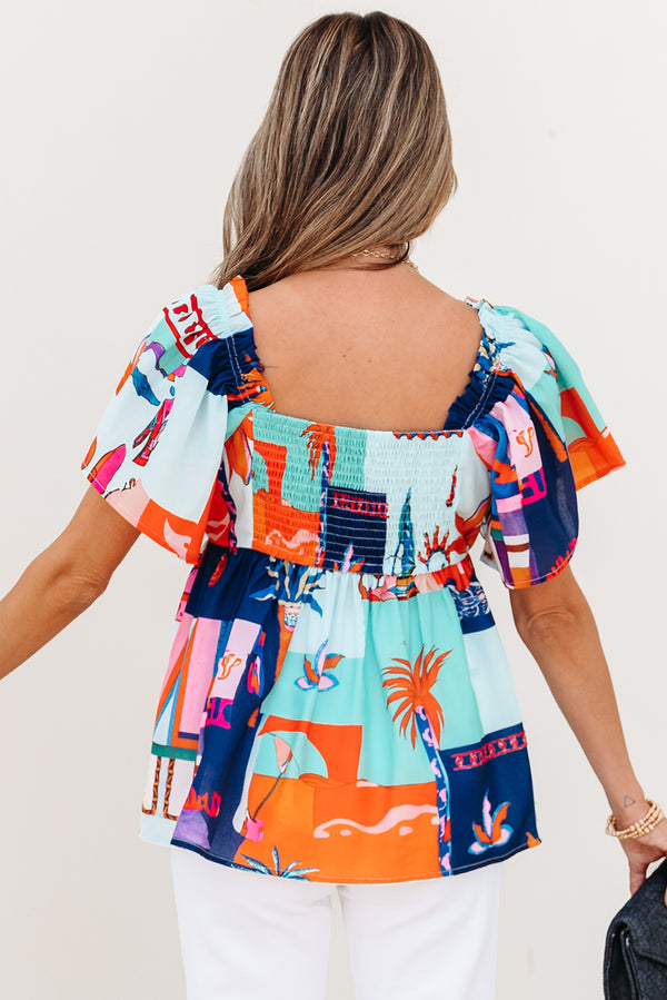 Tropical Printed Square Neck Flutter Sleeve Babydoll Blouse