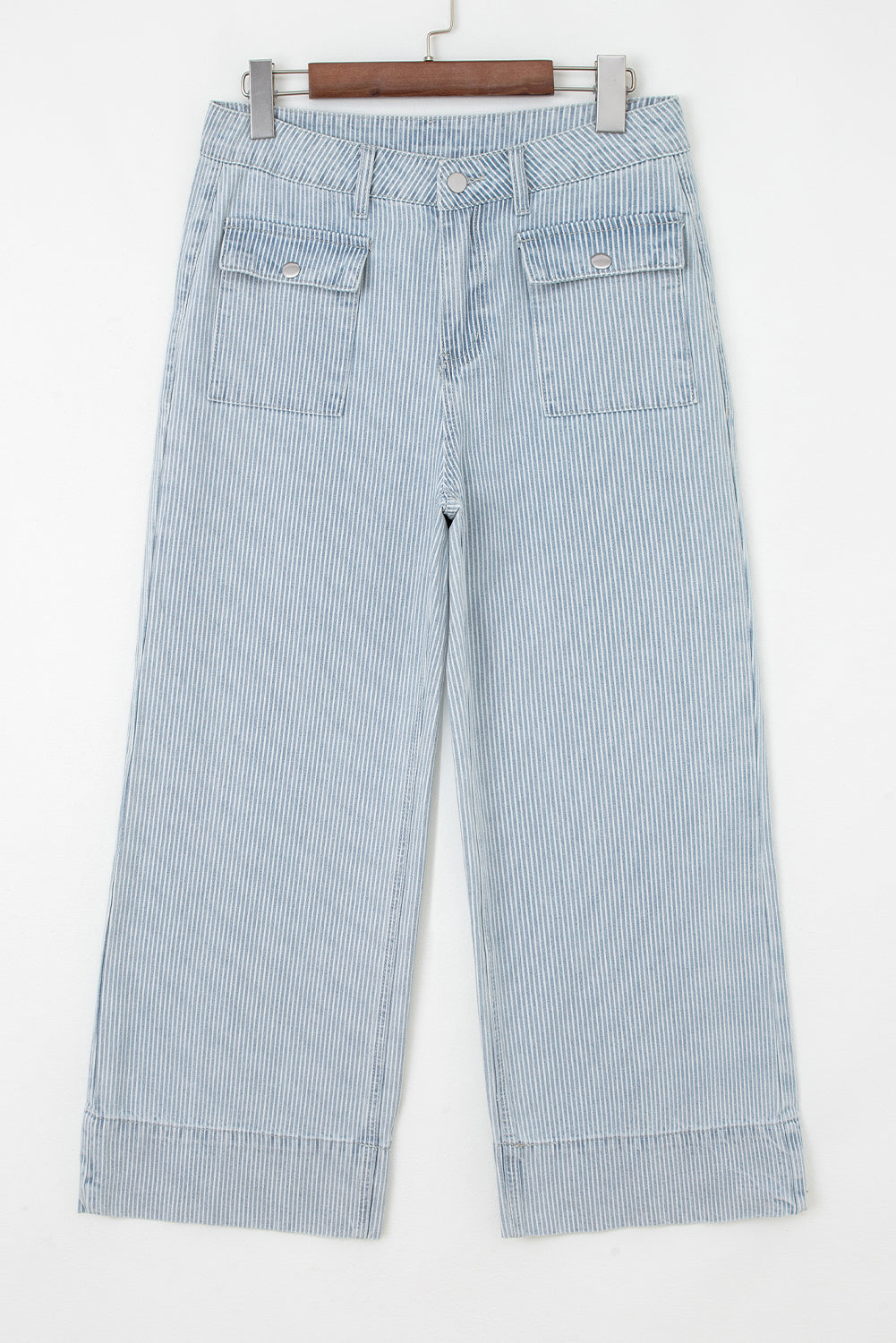 Stripe Button Flap Pocket Cuffed Hem Wide Leg Jeans