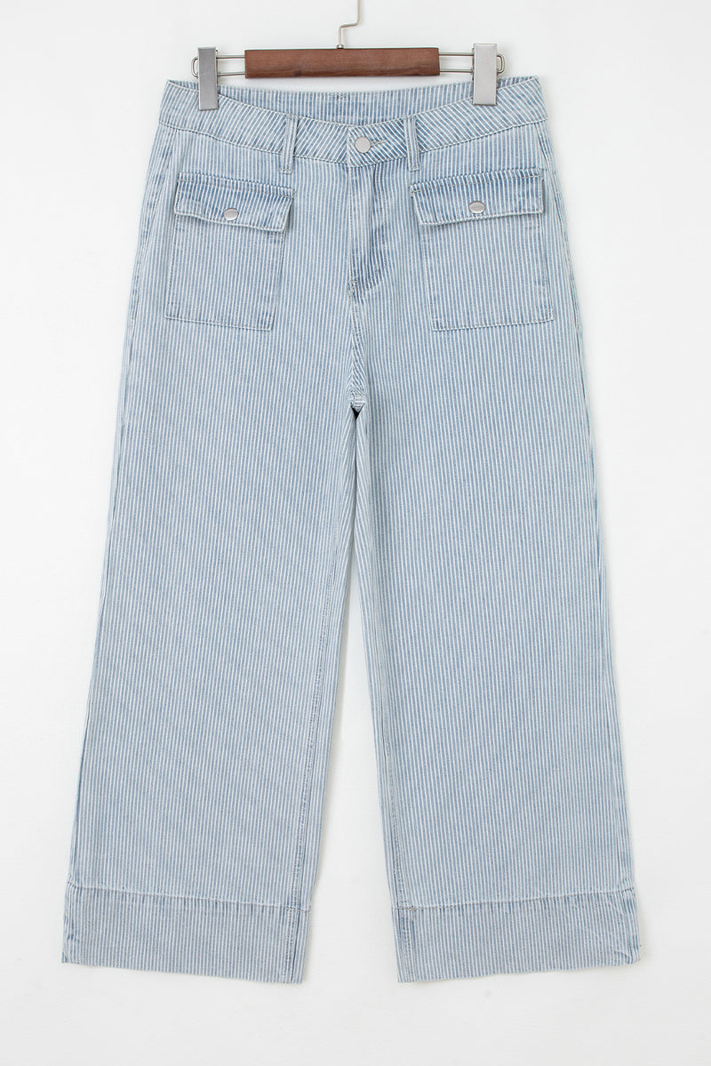 Stripe Button Flap Pocket Cuffed Hem Wide Leg Jeans