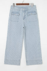 Stripe Button Flap Pocket Cuffed Hem Wide Leg Jeans