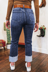 Real Teal Folded Cuffs Distressed Straight High Waist Jeans