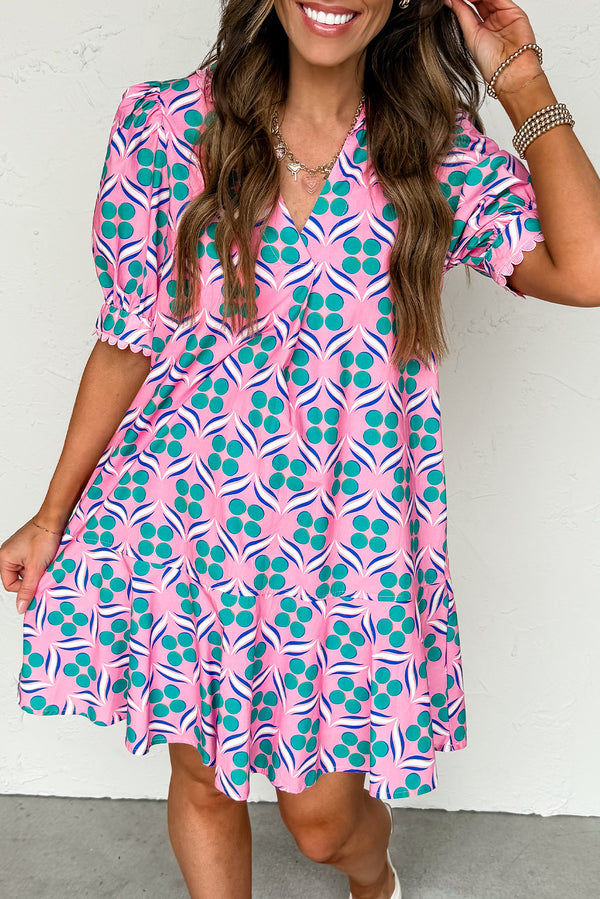 Geometric Floral Print V Neck Ricrac Trim Short Sleeve Mini Dress
