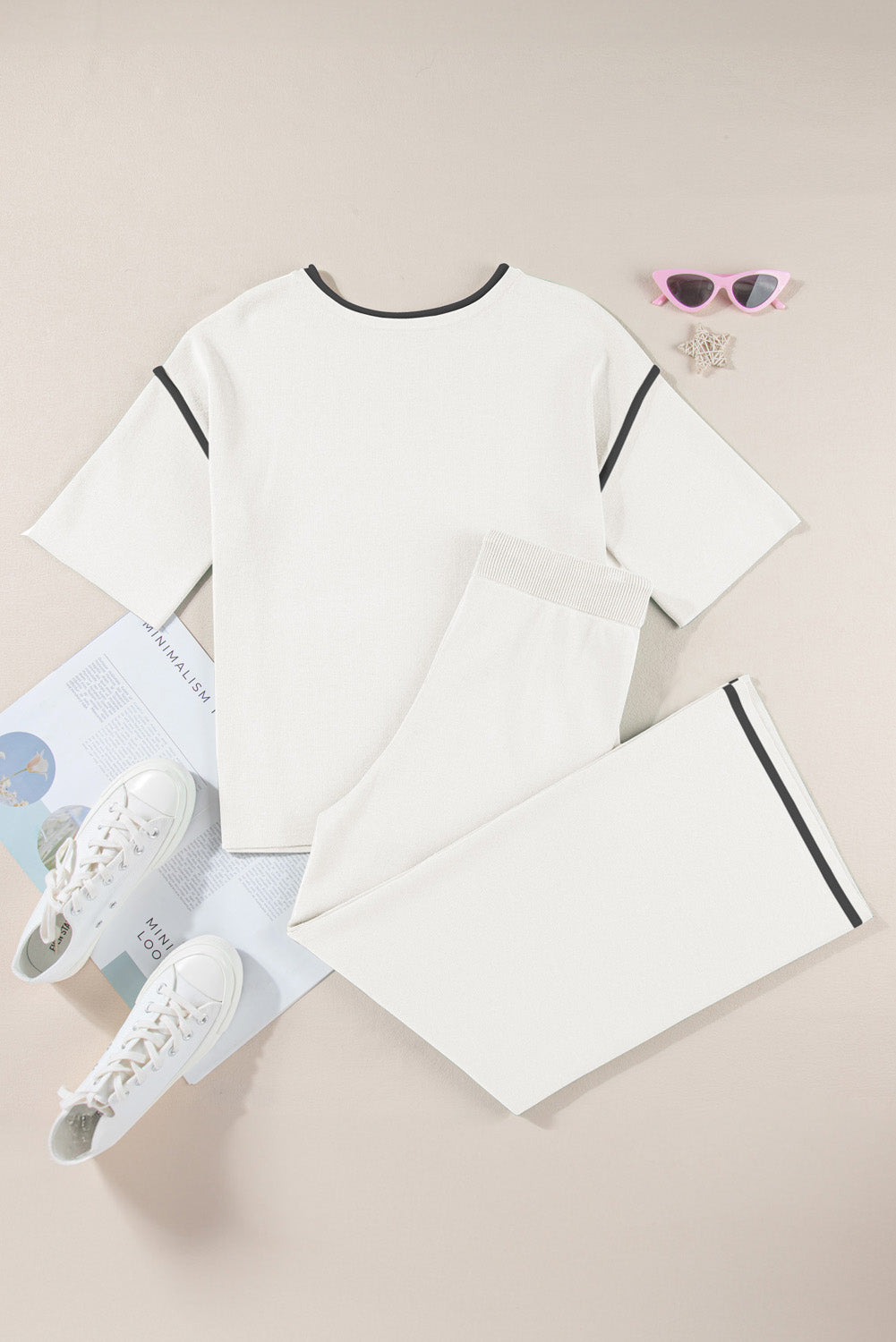 White Contrast Trim Half Sleeve Top Drawstring Pants Loose 2pcs Sweater Suit