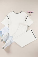 White Contrast Trim Half Sleeve Top Drawstring Pants Loose 2pcs Sweater Suit
