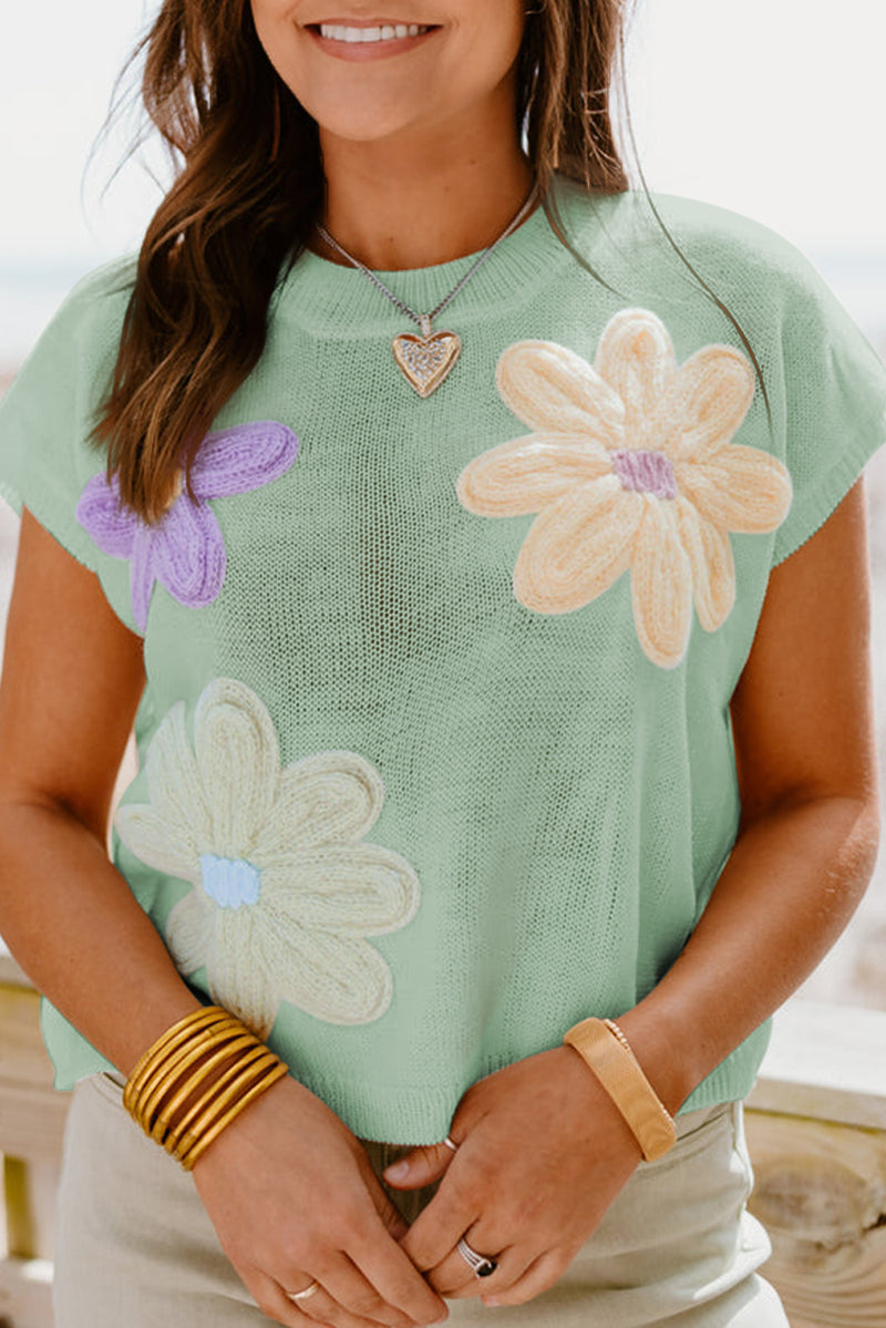 Multicolour Crochet Flower Knit Short Sleeve Sweater Top