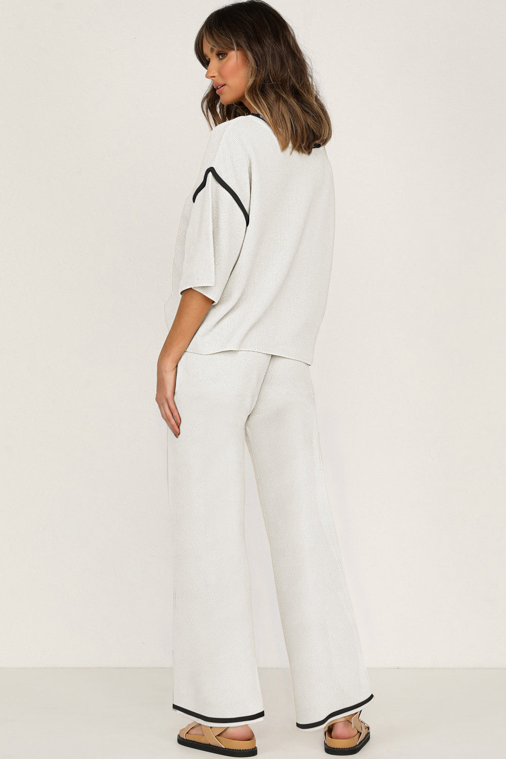 White Contrast Trim Half Sleeve Top Drawstring Pants Loose 2pcs Sweater Suit