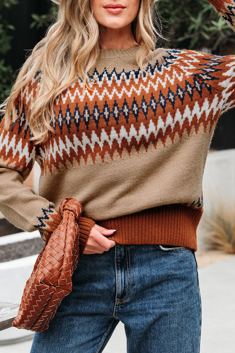 Aztec Print Colorblock Crew Neck Sweater