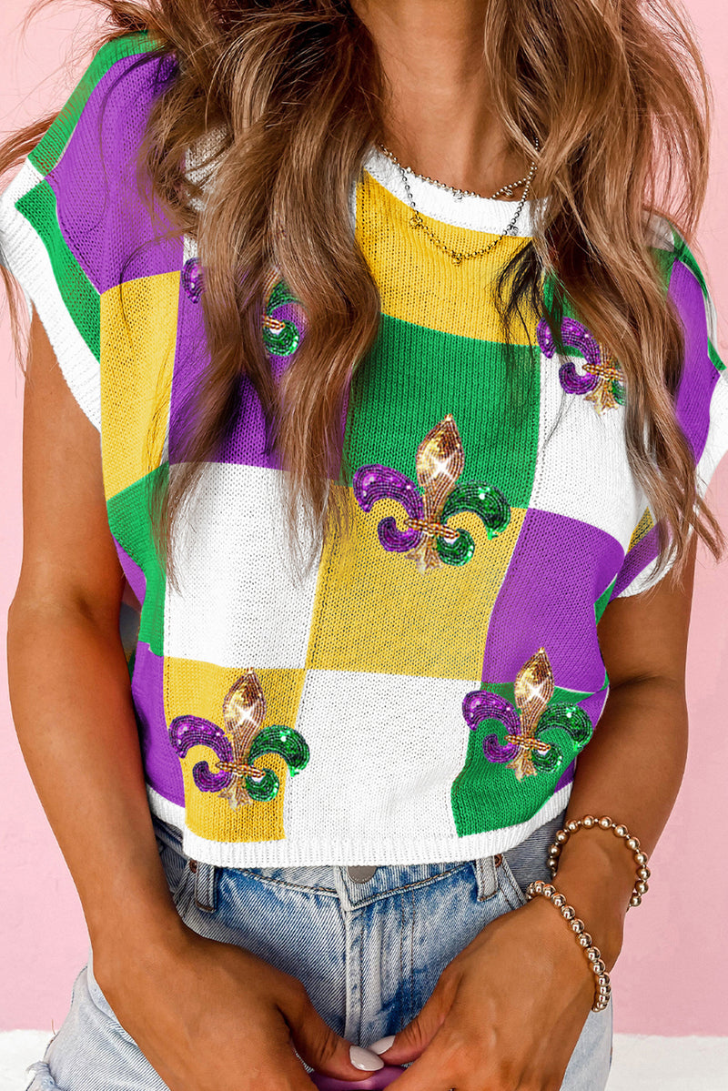 Sequin Mardi Gras Fleur de Lis Color Block Sweater T Shirt