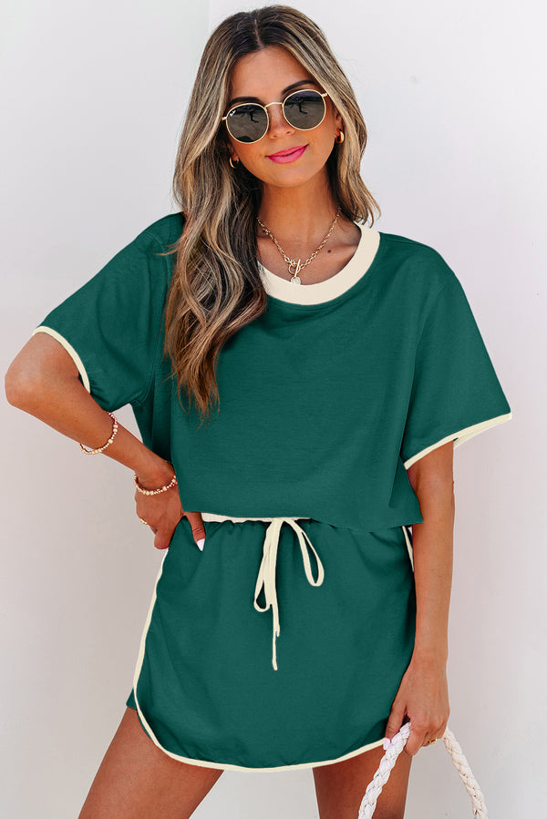 Colorblock Edge Drop Shoulder T Shirt and Skort 2Pcs Set