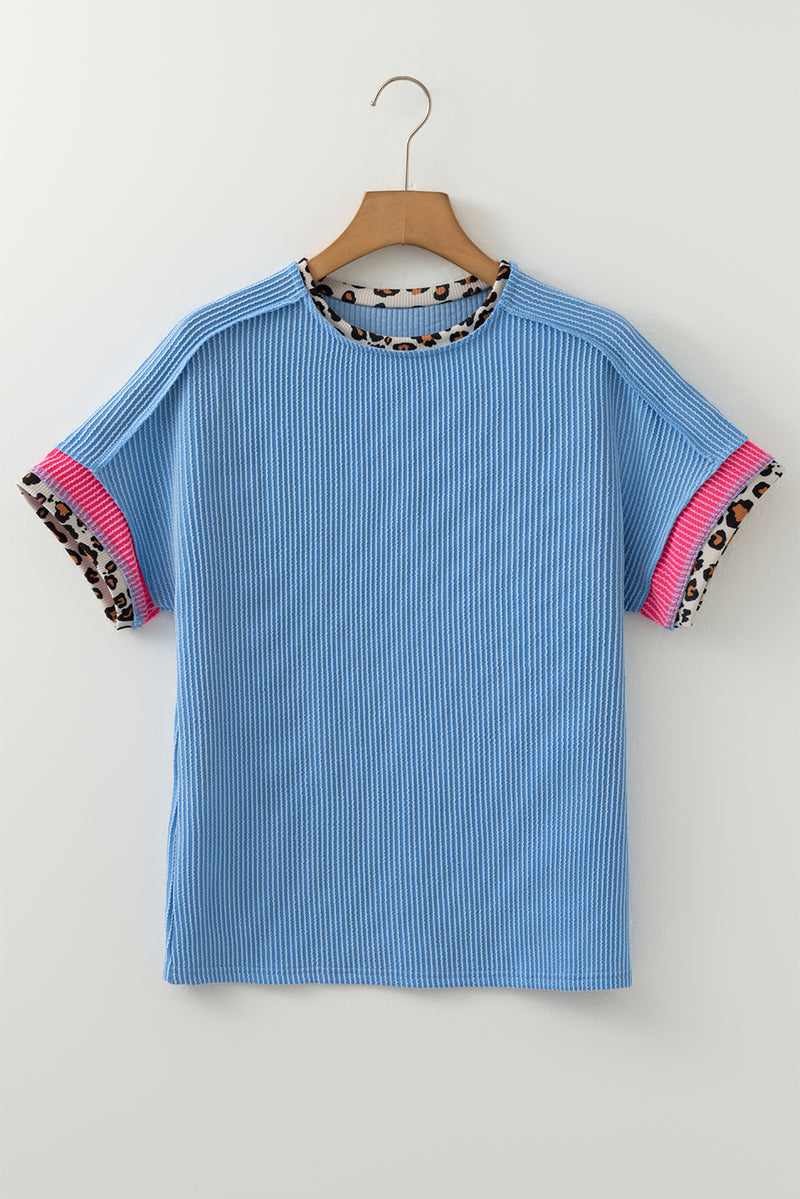 Solid Leopard Patchwork Corded Knit Crew Neck T Shirt