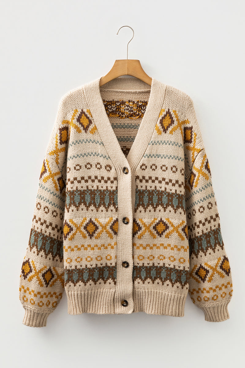 Western Pattern Knitted Button V Neck Cardigan Sweater