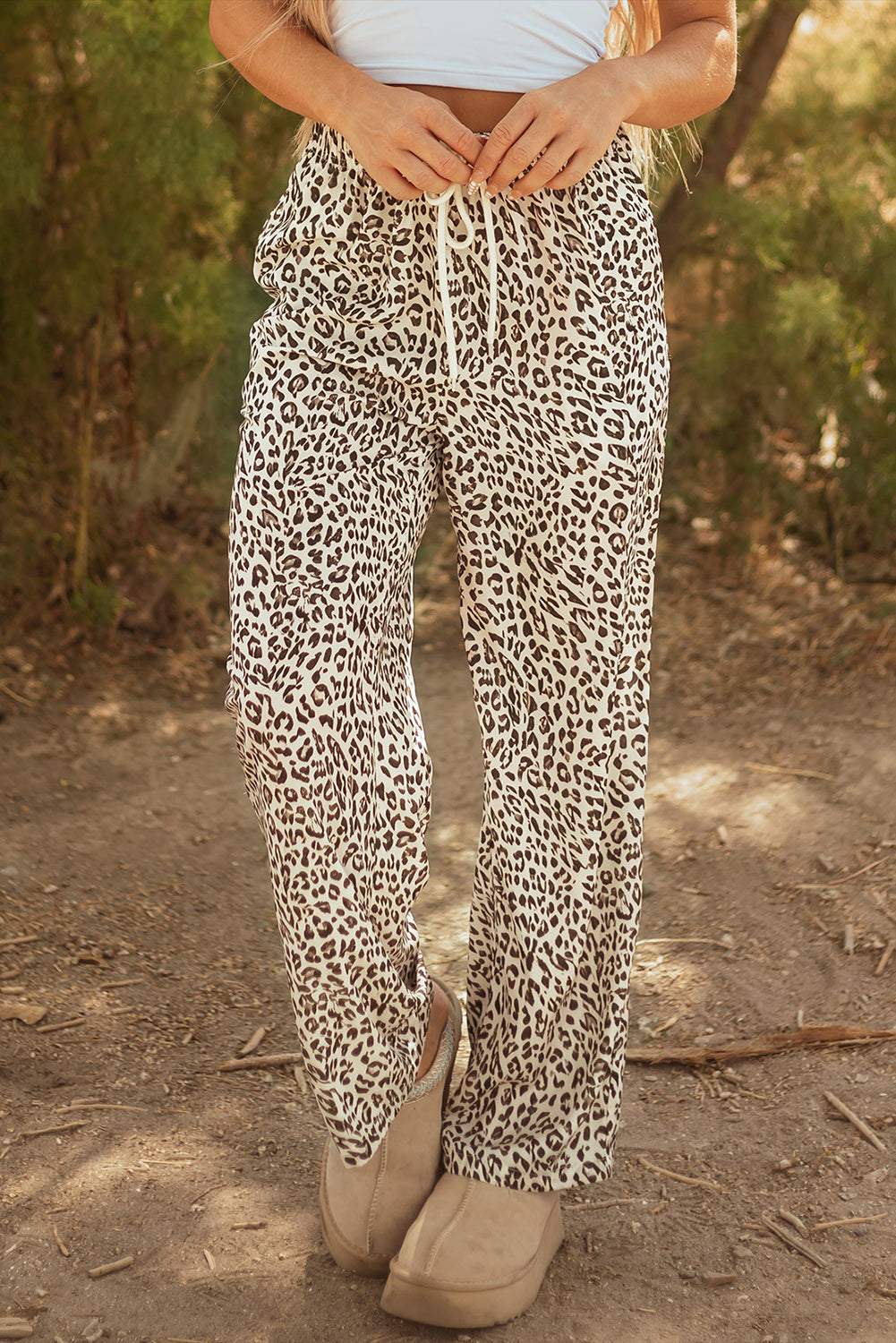 Leopard Drawstring Elastic Waistband Loose Pants