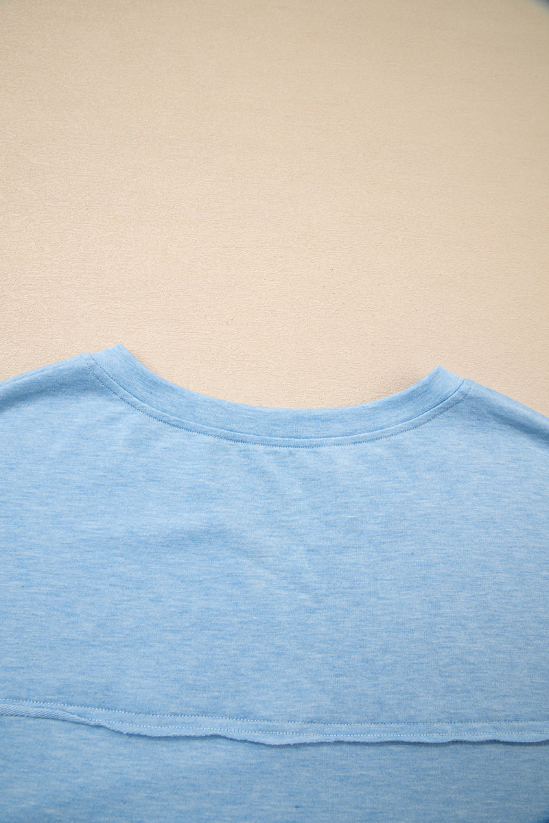 Sky Blue Notched Neck Terry Raw Hem Long Sleeve Top