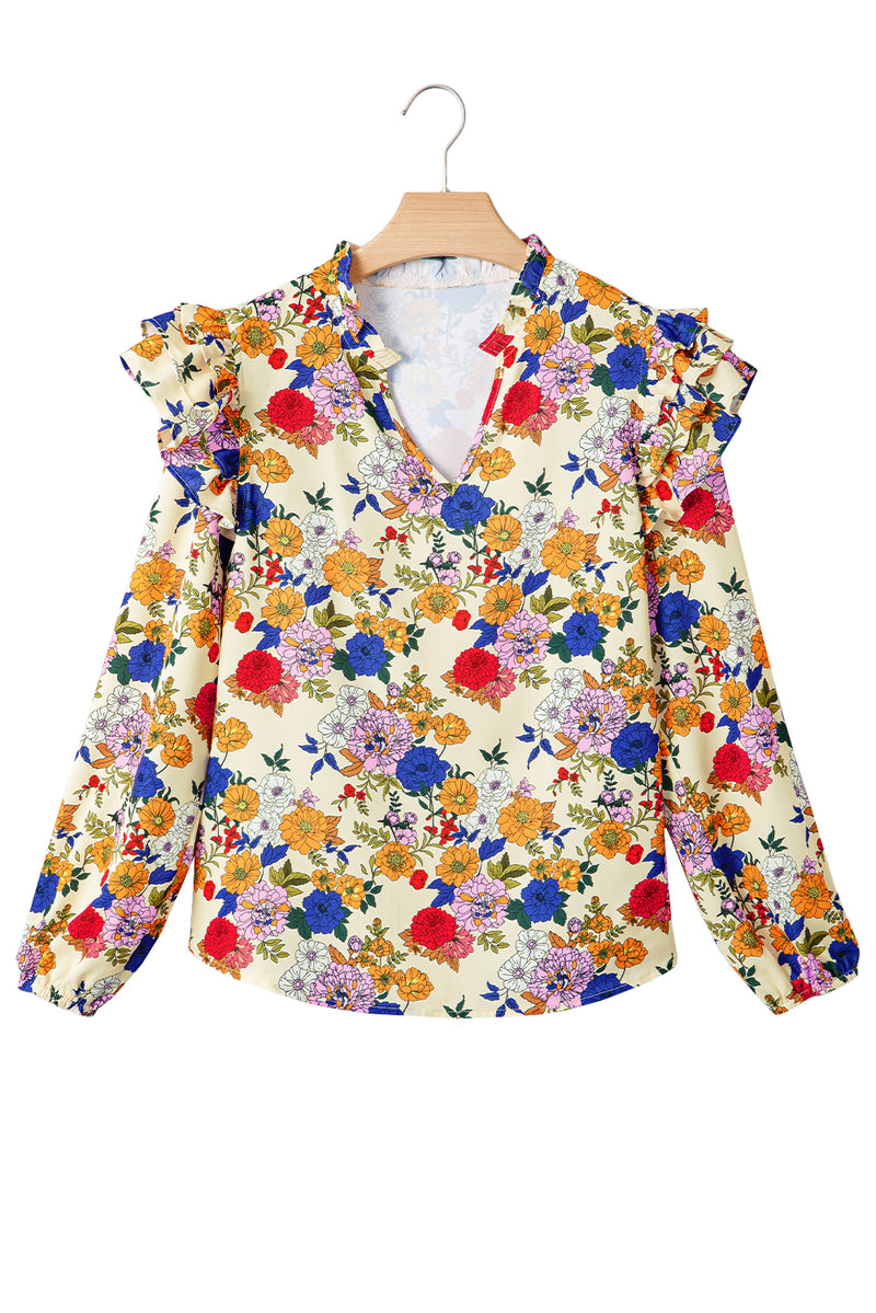 Ruffled Shoulder Long Sleeve Floral Blouse