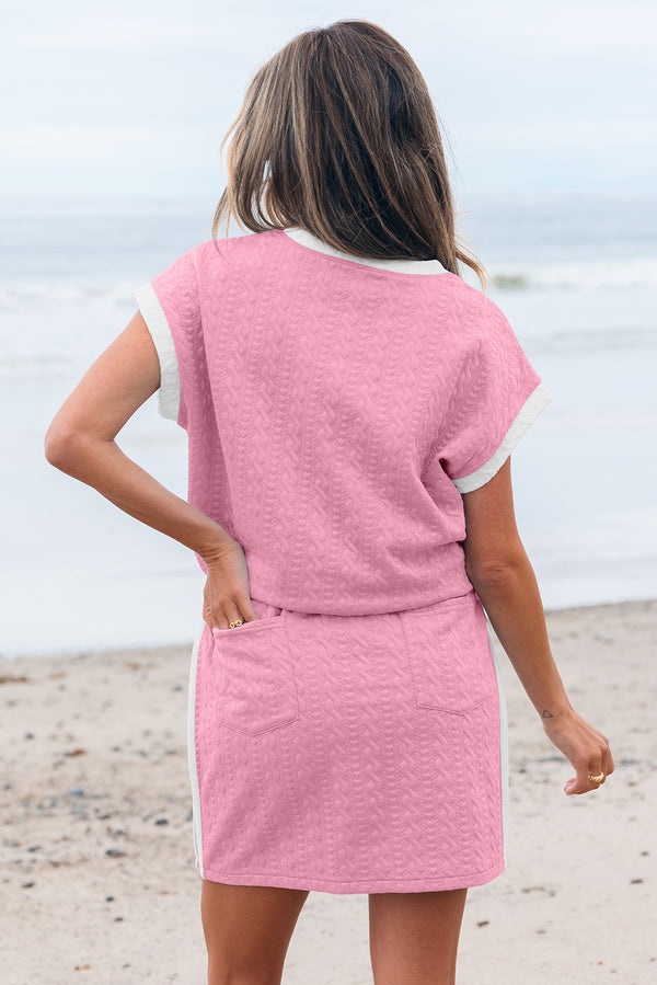 Solid Contrast Trim Textured Crewneck Tee and Pocketed Skirt Set