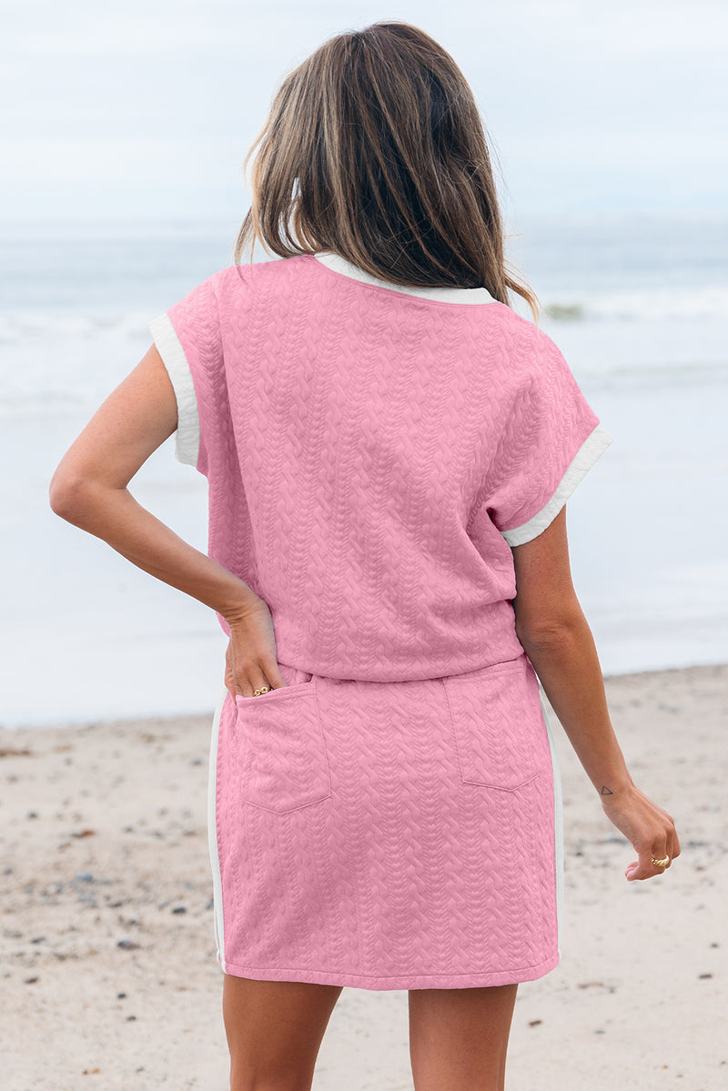 Solid Contrast Trim Textured Crewneck Tee and Pocketed Skirt Set