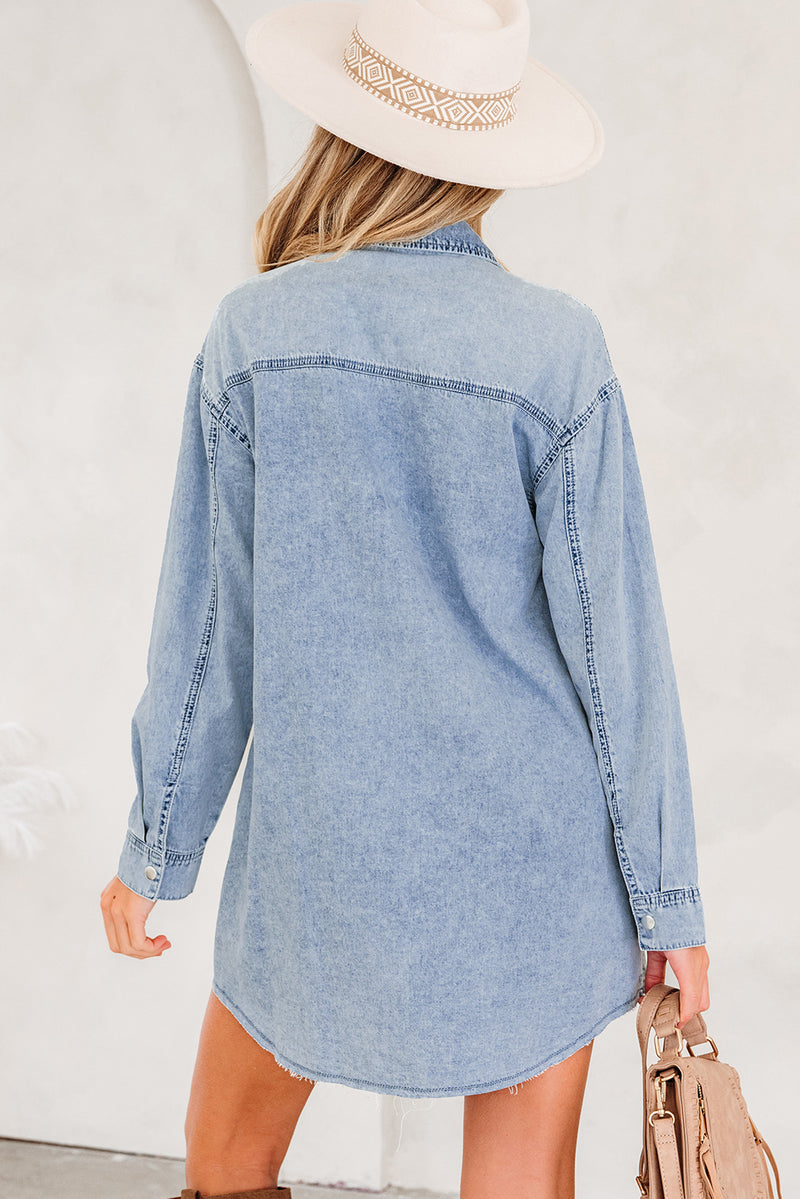 Chest Pocket Raw Hem Denim Loose Shirt Dress