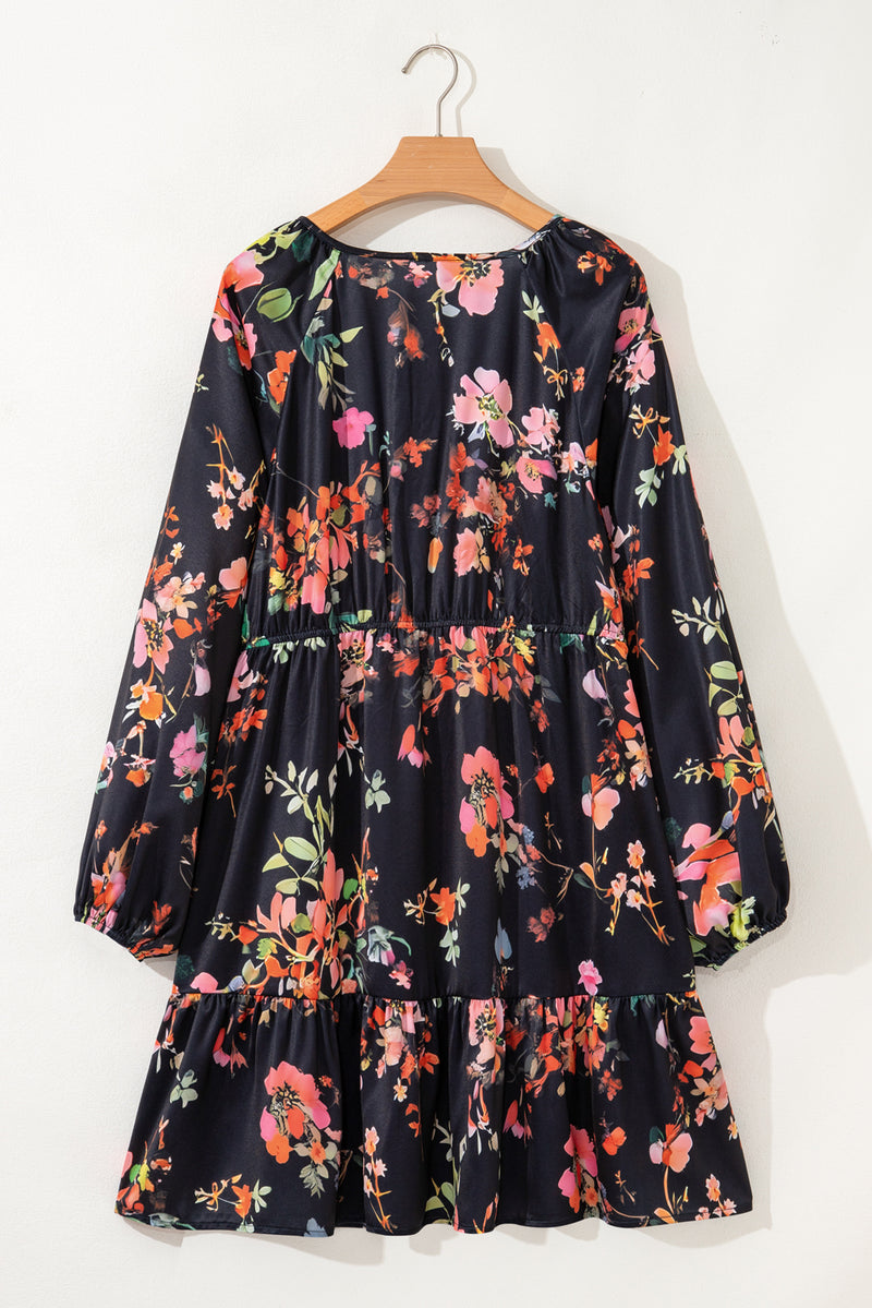 Plus Size Floral Print Tie Neck Cinched Waist Long Sleeve Mini Dress