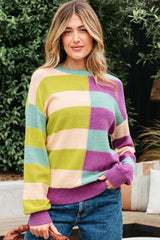 Stripe Drop Shoulder Ribbed Edge Casual Sweater