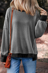 Stripe Ribbed Trim Drop Shoulder Long Sleeve Oversize Top