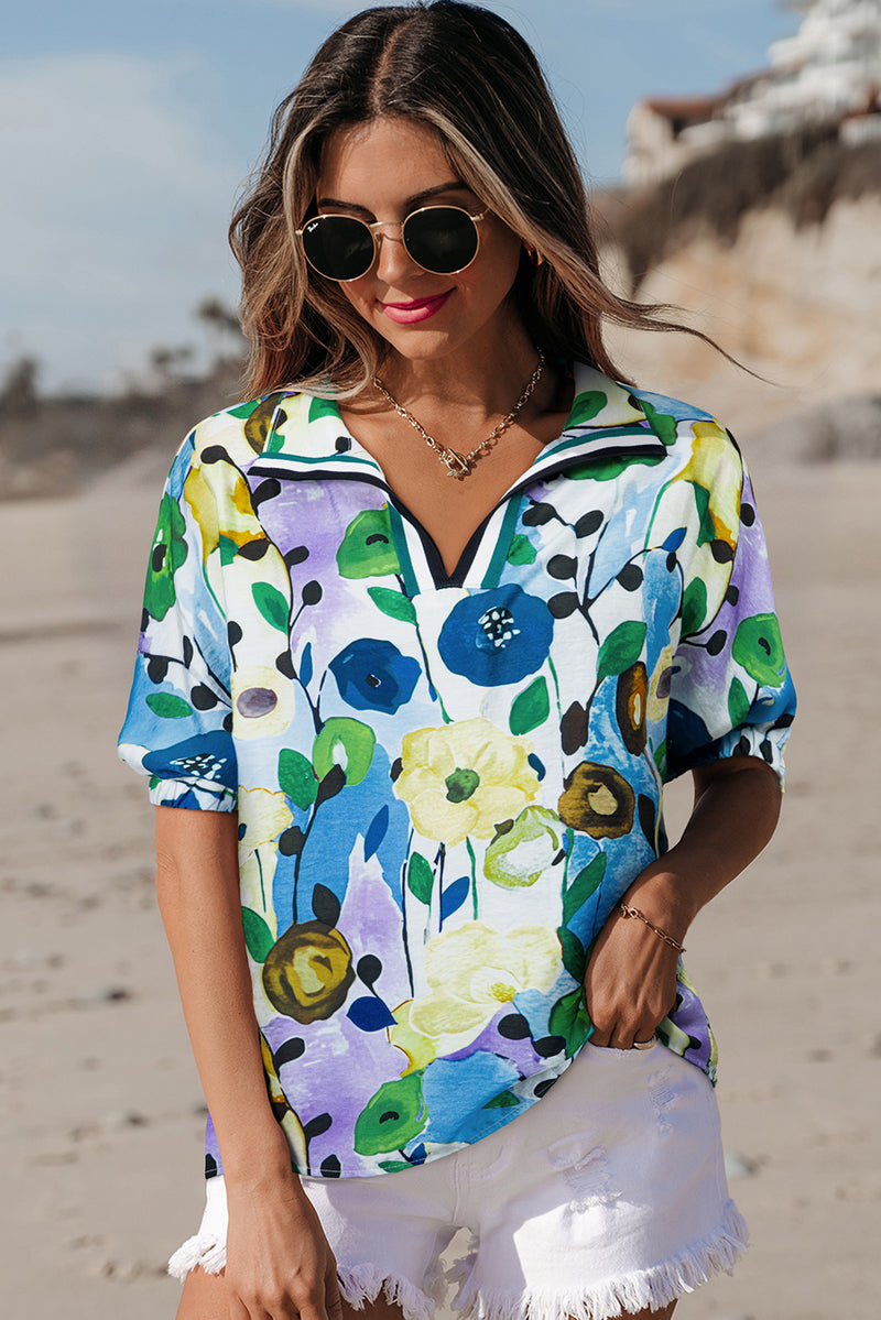Floral Print Slit V Neck Short Sleeve Blouse