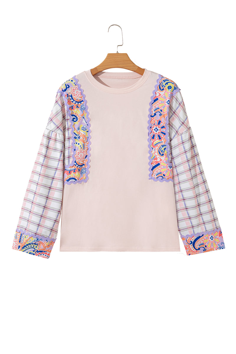 Delicacy Ricrac Trim Floral Plaid Patchwork Puff Sleeve Blouse