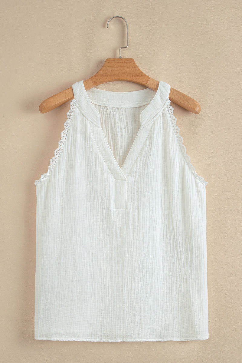 Textured Lace Trim Pure Cotton Sleeveless Top
