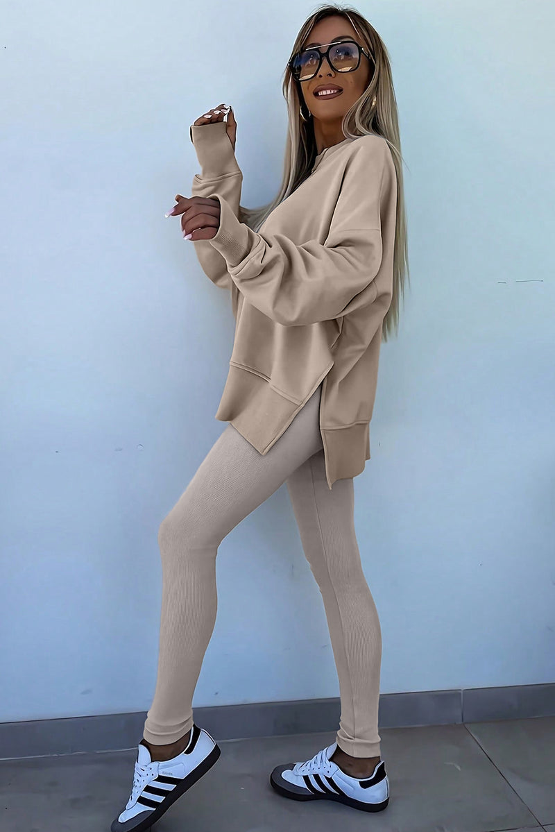 Beige Solid Color Oversize Slit Sweatshirt Ribbed Leggings 2pcs Set