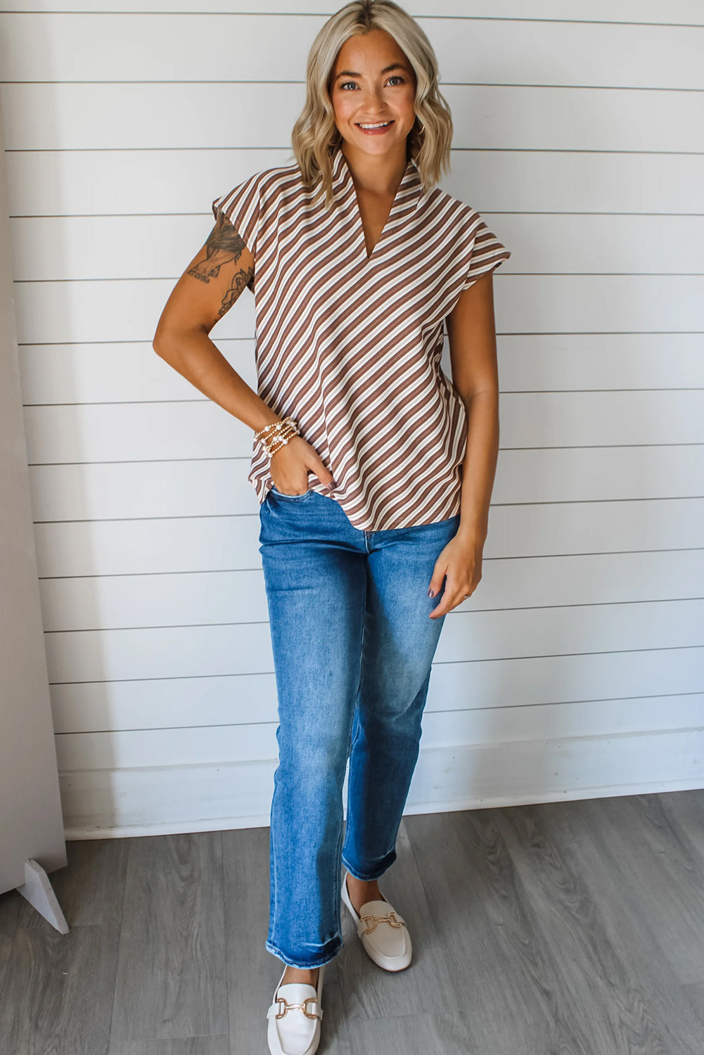 Striped Stand V Neck Short Sleeve Blouse