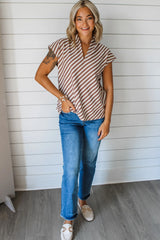 Striped Stand V Neck Short Sleeve Blouse