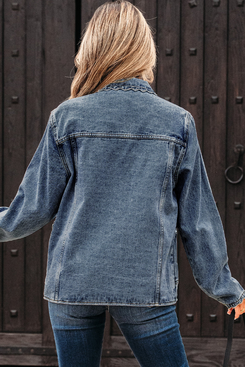 Scallop Trim Collar Patched Pocket Button Up Denim Jacket