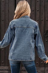 Blue Scallop Trim Collar Patched Pocket Button Up Denim Jacket