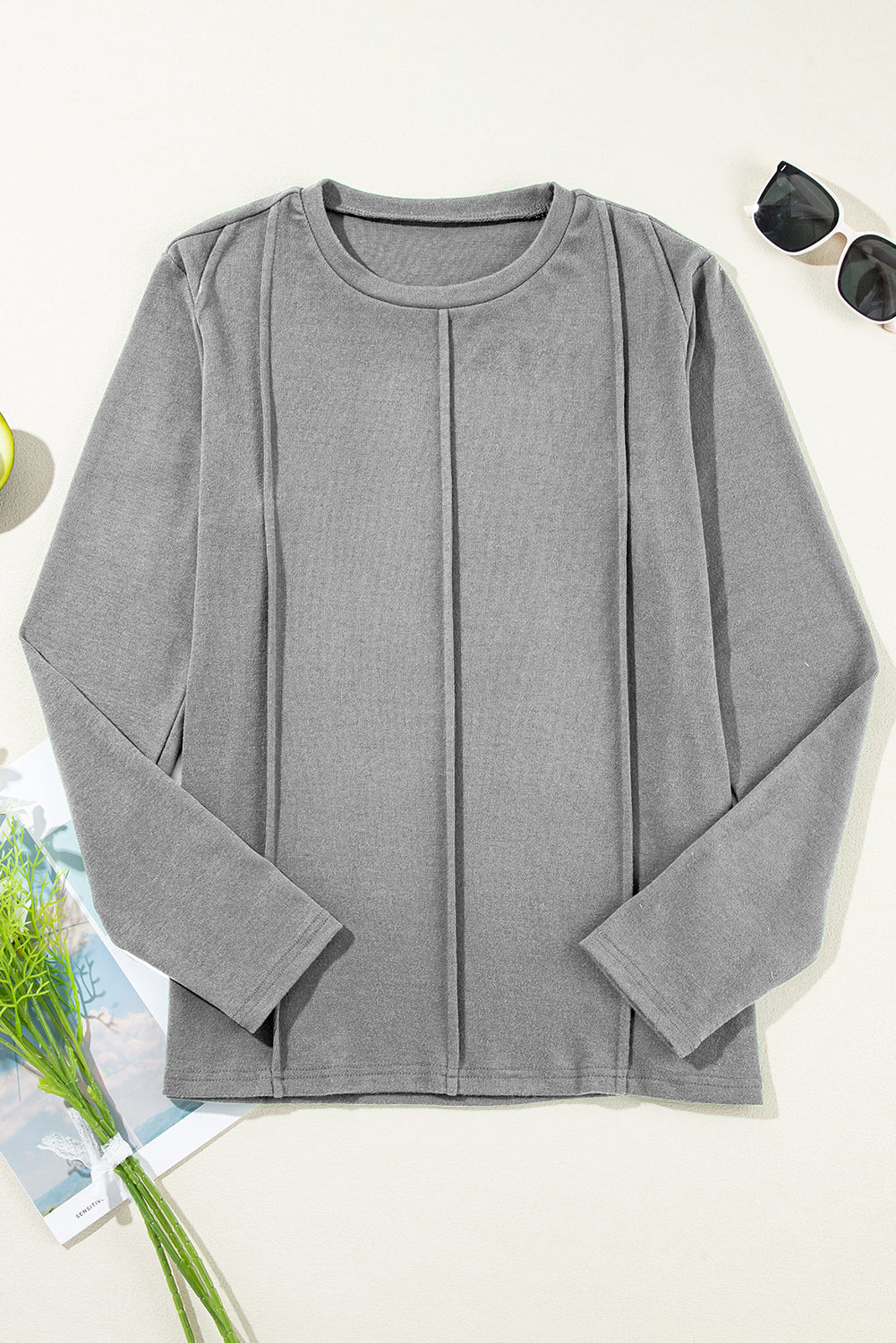 Solid Exposed Seam Crew Neck Long Sleeve Top