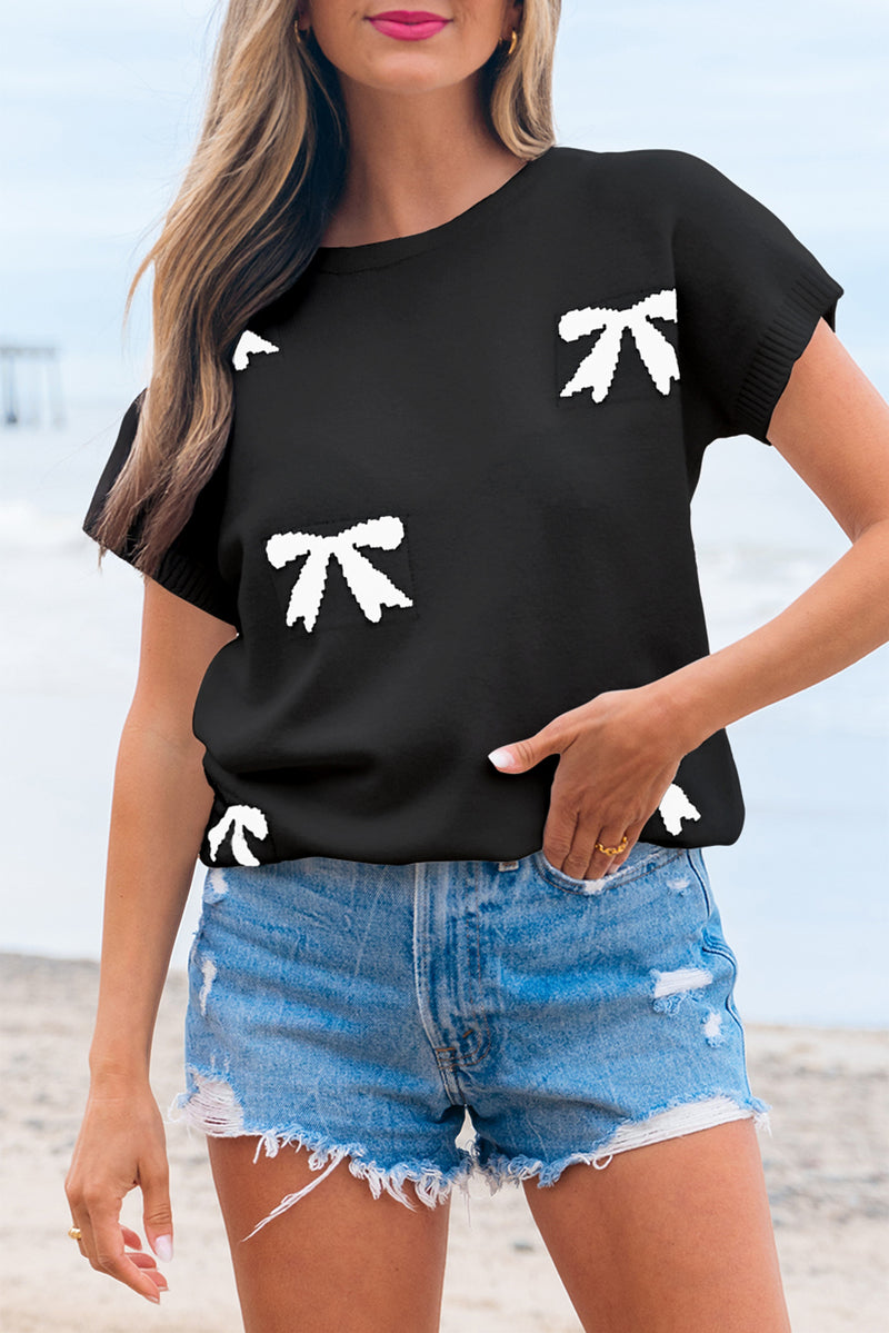 Bow Pattern Knit Short Sleeve Sweater