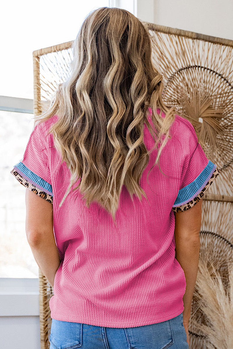 Leopard Patchwork Corded Knit Crew Neck T Shirt